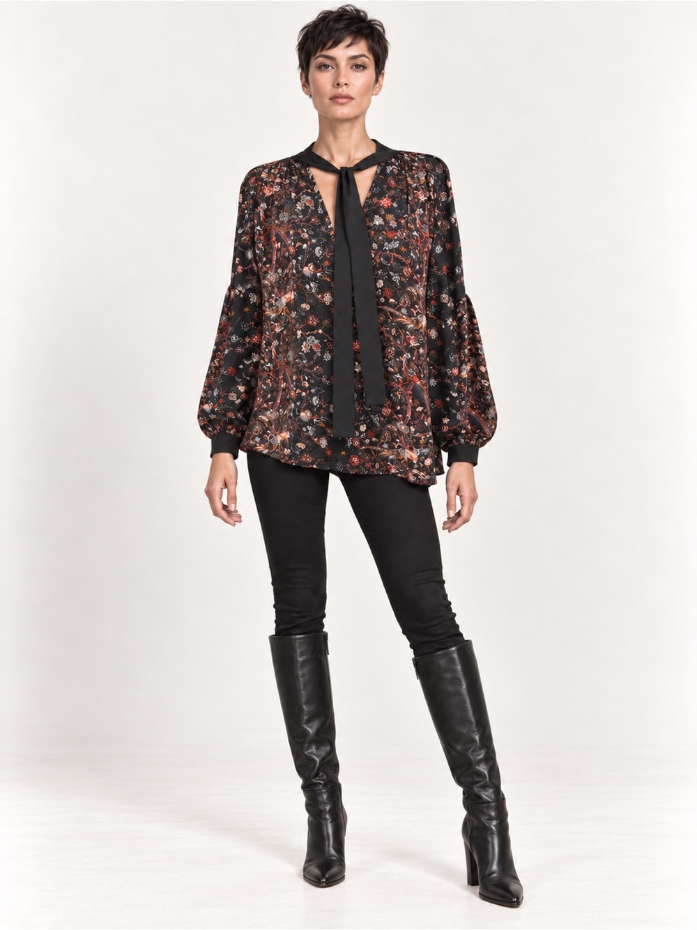 Ulla Johnson Black Floral Tie-Neck Blouse with Ribbon